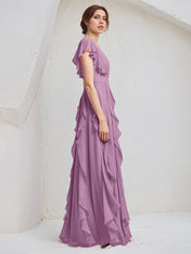 Orchid Chiffon A Line V Neck Short Sleeves Floor Length Bridesmaid Dress