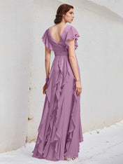 Orchid Chiffon A Line V Neck Short Sleeves Floor Length Bridesmaid Dress