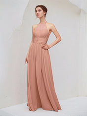 Rose Pink A Line Chiffon Halter Neck Sleeveless Floor Length Bridesmaid Dresses