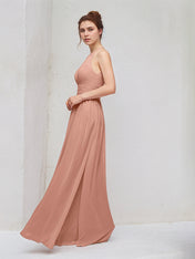 Rose Pink A Line Chiffon Halter Neck Sleeveless Floor Length Bridesmaid Dresses
