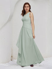 Sage A Line Chiffon One Shoulder Sleeveless Floor Length Bridesmaid Dresses