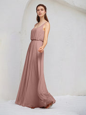 Dusty Rose A Line Chiffon Square Neck Sleeveless Floor Length Bridesmaid Dresses