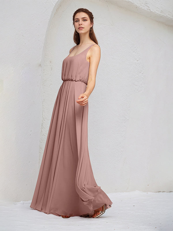 Dusty Rose A Line Chiffon Square Neck Sleeveless Floor Length Bridesmaid Dresses