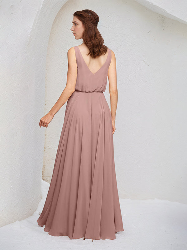 Dusty Rose A Line Chiffon Square Neck Sleeveless Floor Length Bridesmaid Dresses