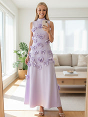 Dreamylily Women A Line High Neck Sleeveless Floor Length Stretch Crepe Dress With 3D Flowers Dreamylily Women A Line High Neck Sleeveless Floor Length Stretch Crepe Dress With 3D Flowers