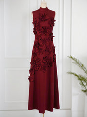 A Line High Neck Sleeveless Floor Length Stretch Crepe Dress With 3D Flowers