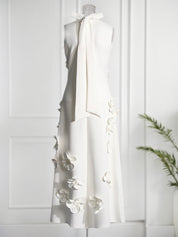 A Line High Neck Sleeveless Floor Length Stretch Crepe Dress With 3D Flowers