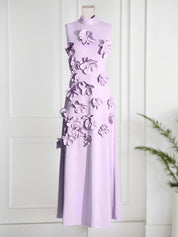 A Line High Neck Sleeveless Floor Length Stretch Crepe Dress With 3D Flowers