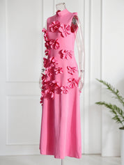 A Line High Neck Sleeveless Floor Length Stretch Crepe Dress With 3D Flowers