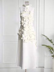 A Line High Neck Sleeveless Floor Length Stretch Crepe Dress With 3D Flowers
