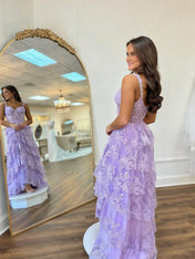 A Line Lilac Tiered Lace Long Prom Dress with Slit
