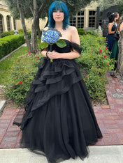 A Line Off-the-Shoulder Appliques Lace Tulle Long Corset Prom Dress