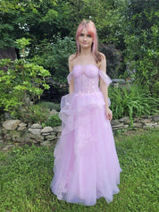 A Line Off-the-Shoulder Appliques Lace Tulle Long Corset Prom Dress