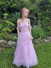 A Line Off-the-Shoulder Appliques Lace Tulle Long Corset Prom Dress