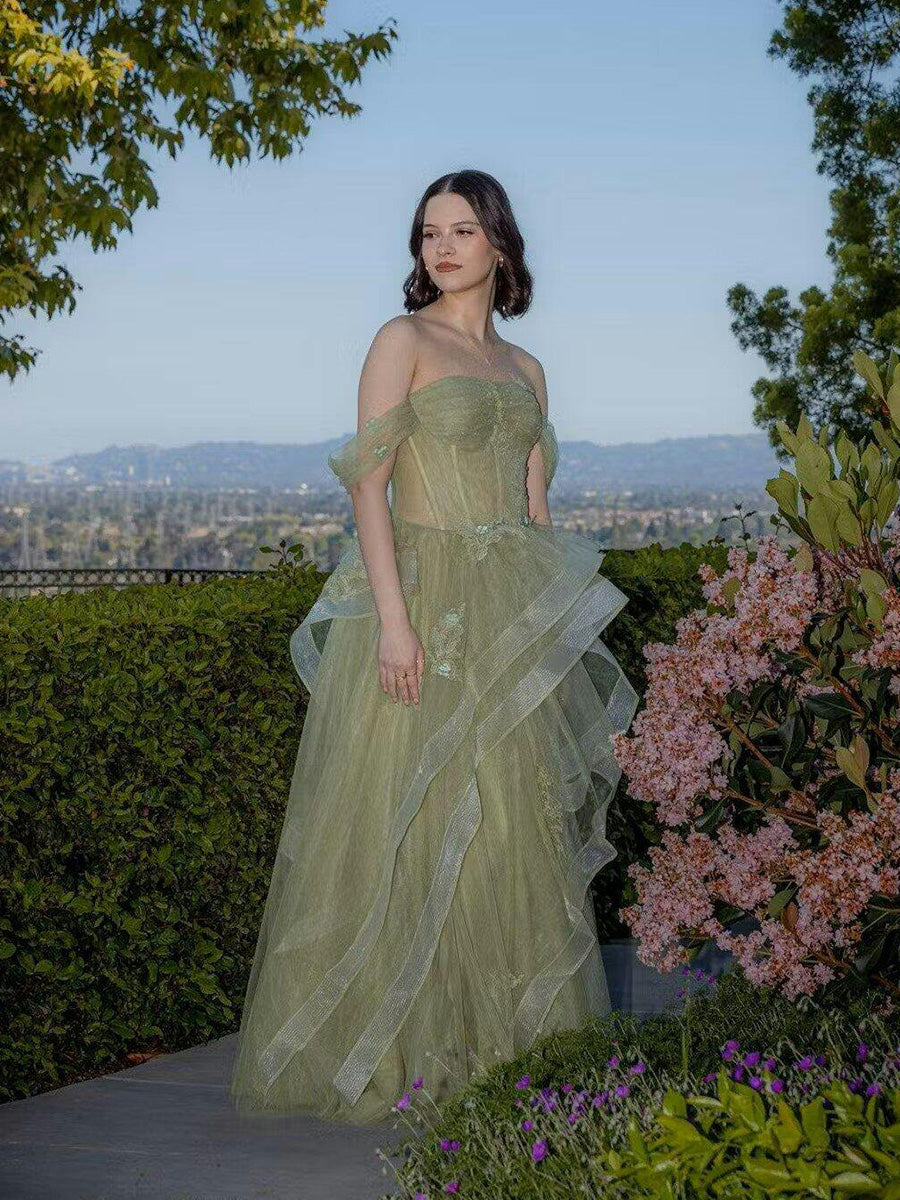 A Line Off-the-Shoulder Appliques Lace Tulle Long Corset Prom Dress