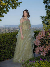 A Line Off-the-Shoulder Appliques Lace Tulle Long Corset Prom Dress