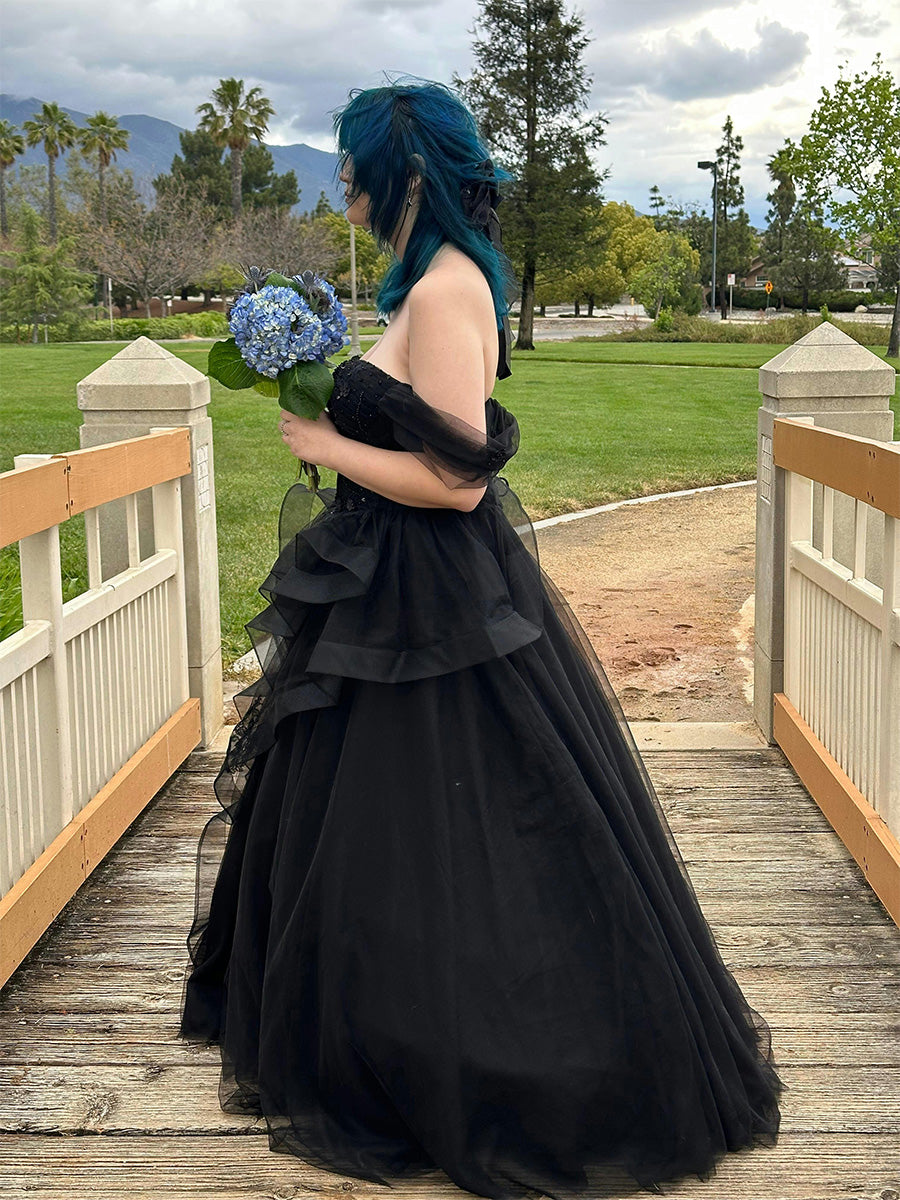 A Line Off-the-Shoulder Appliques Lace Tulle Long Corset Prom Dress