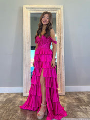 A Line Off the Shoulder Tiered Beaded Prom Dress with Slit