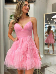 A Line Pink Tulle Short Homecoming Dress Spaghetti Straps with Ruffles