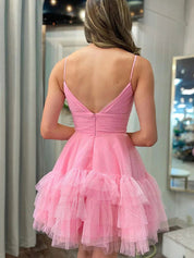 A Line Pink Tulle Short Homecoming Dress Spaghetti Straps with Ruffles