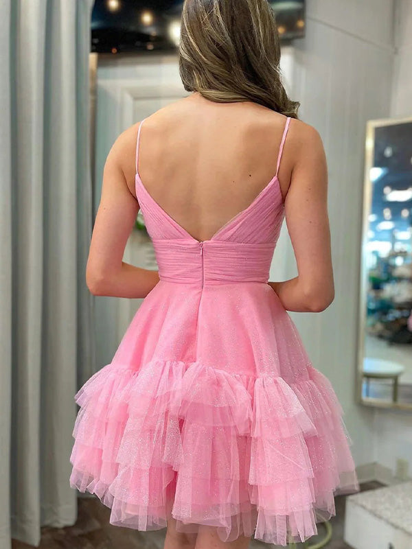 A Line Pink Tulle Short Homecoming Dress Spaghetti Straps with Ruffles