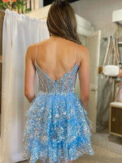 A Line Short Spaghetti Straps Homecoming Dress with Lace Ruffles