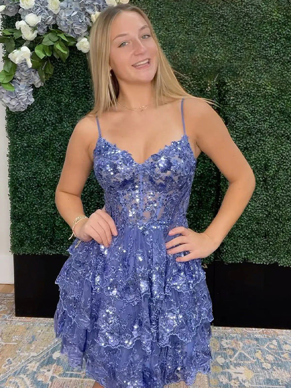A Line Short Spaghetti Straps Homecoming Dress with Lace Ruffles