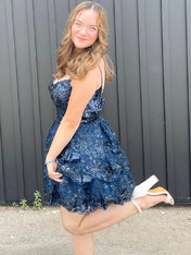 A Line Short Spaghetti Straps Homecoming Dress with Lace Ruffles