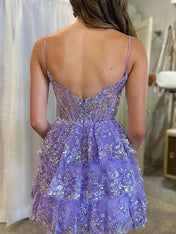 A Line Short Spaghetti Straps Homecoming Dress with Lace Ruffles