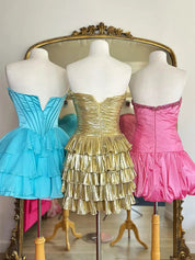  A Line Strapless Cut Out Tiered Metallic Short Homecoming Dress