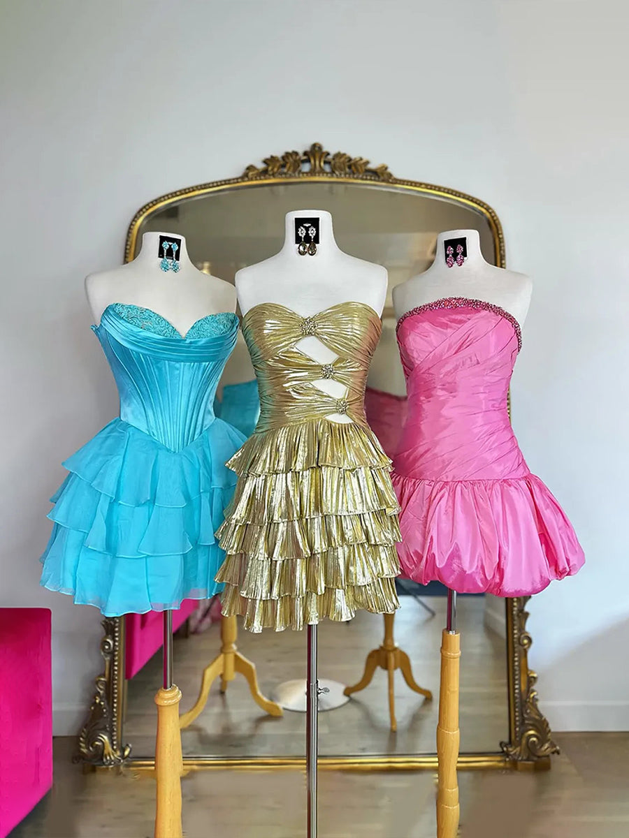  A Line Strapless Cut Out Tiered Metallic Short Homecoming Dress