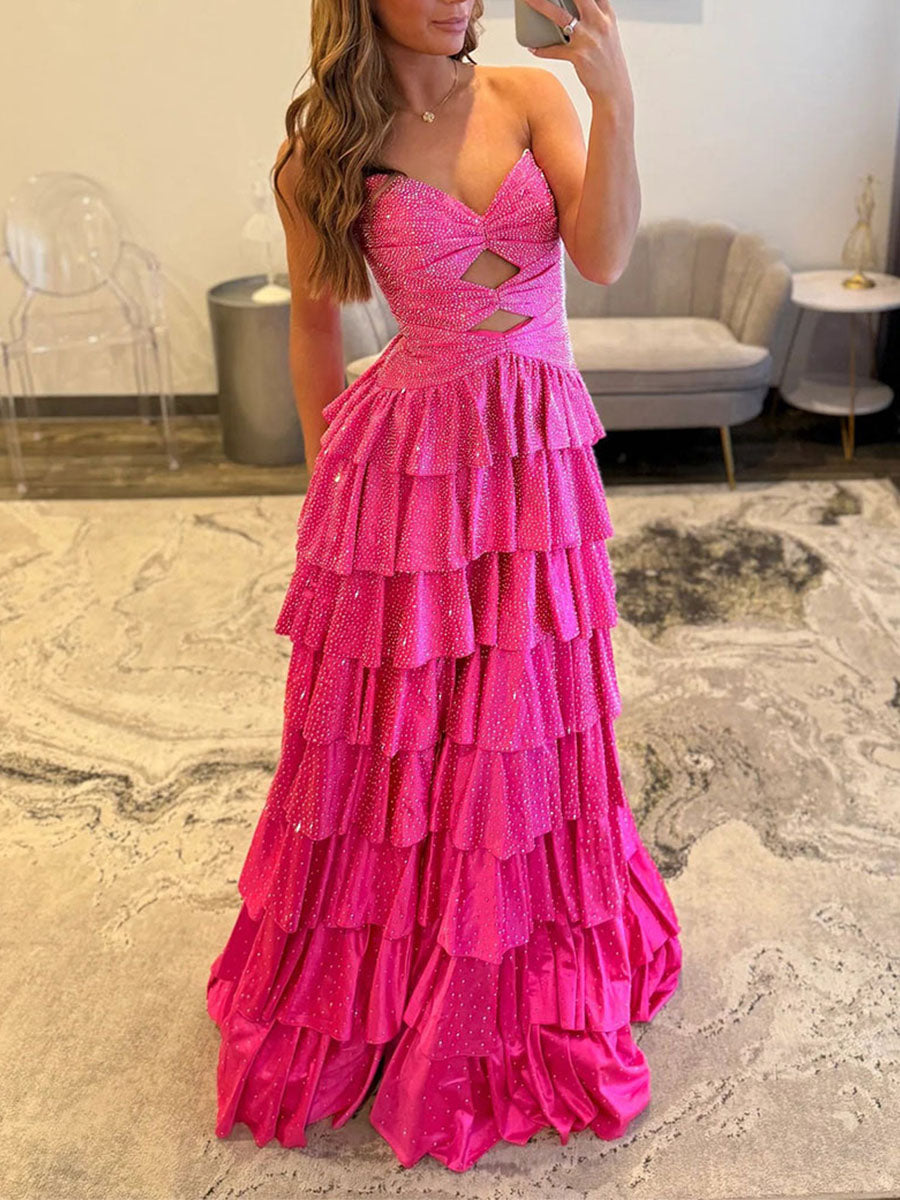 A Line Strapless Sweetheart Satin Long Prom Dress with Keyhole