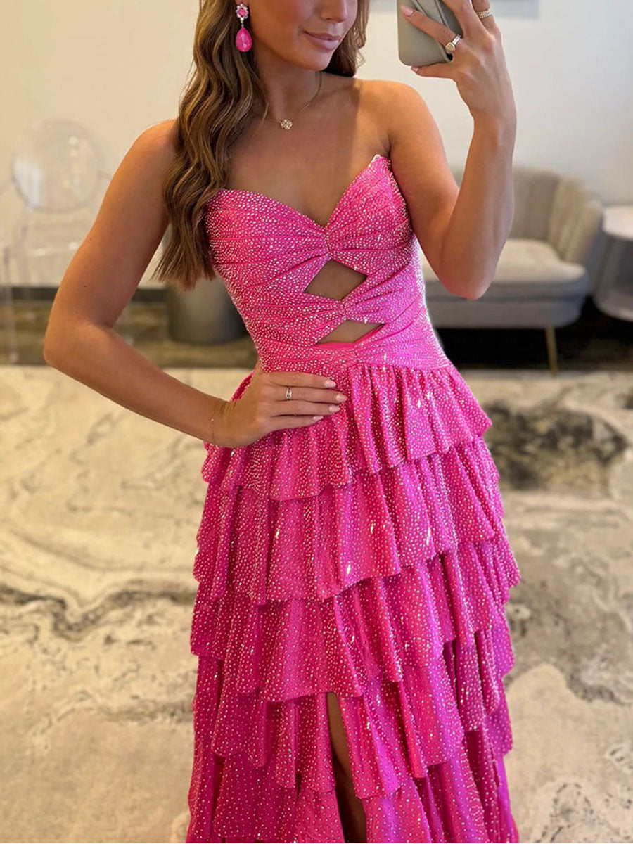 A Line Strapless Sweetheart Satin Long Prom Dress with Keyhole