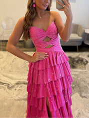 A Line Strapless Sweetheart Satin Long Prom Dress with Keyhole