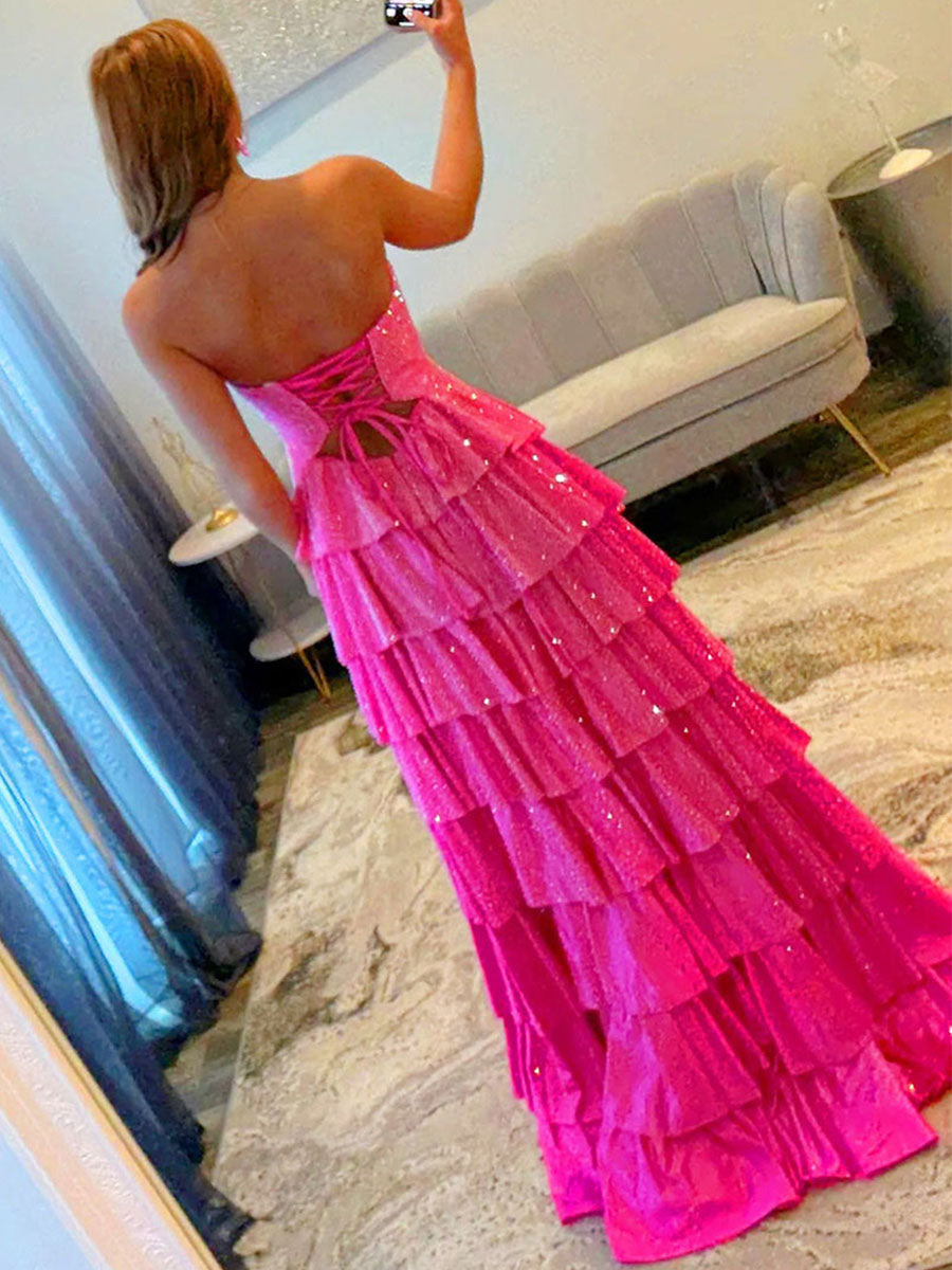 A Line Strapless Sweetheart Satin Long Prom Dress with Keyhole