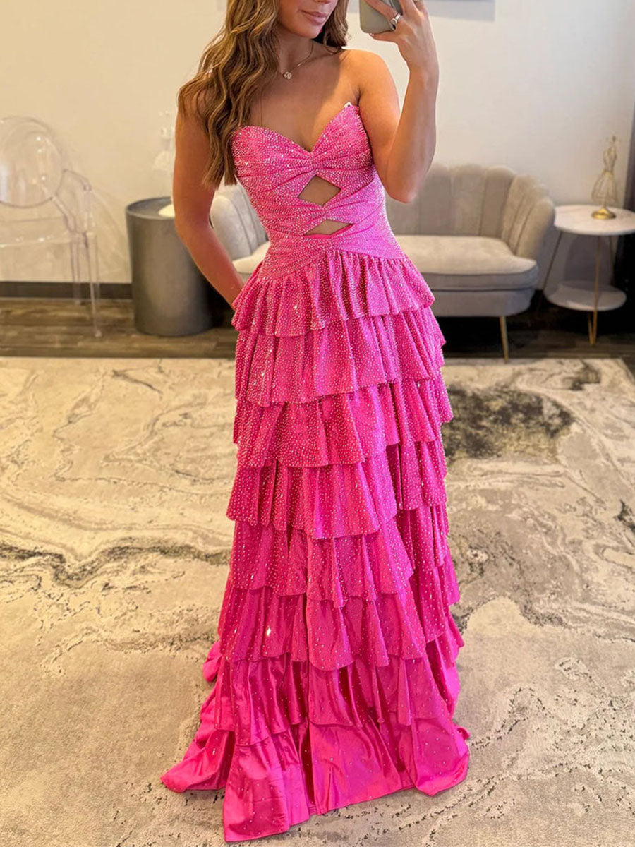 A Line Strapless Sweetheart Satin Long Prom Dress with Keyhole