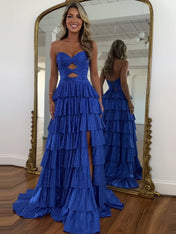 A Line Strapless Sweetheart Satin Prom Dress with Keyhole