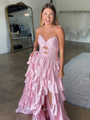 A Line Strapless Sweetheart Satin Long Prom Dress with Keyhole