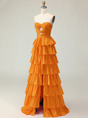 Orange A Line Strapless Sweetheart Satin Prom Dress with Keyhole