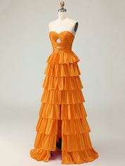 Orange A Line Strapless Sweetheart Satin Prom Dress with Keyhole