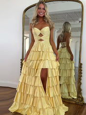 A Line Strapless Sweetheart Satin Prom Dress with Keyhole