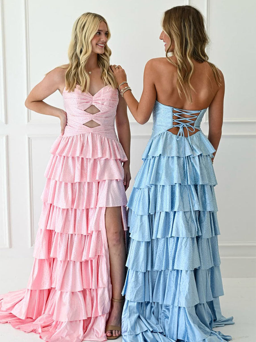 A Line Strapless Sweetheart Satin Prom Dress with Keyhole