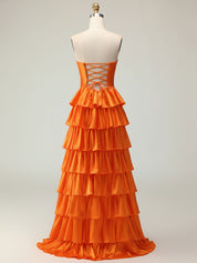 Orange A Line Strapless Sweetheart Satin Prom Dress with Keyhole