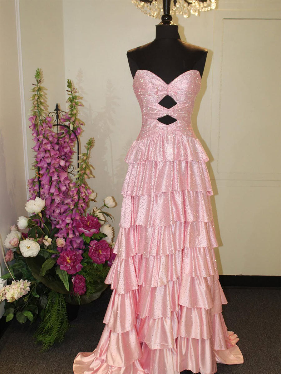 A Line Strapless Sweetheart Satin Prom Dress with Keyhole