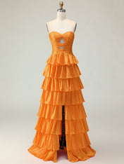 A Line Strapless Sweetheart Satin Prom Dress with Keyhole