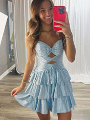 A Line Strapless Sweetheart Satin Short Sky Blue Homecoming Dress with Keyhole