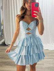 A Line Strapless Sweetheart Satin Short Sky Blue Homecoming Dress with Keyhole