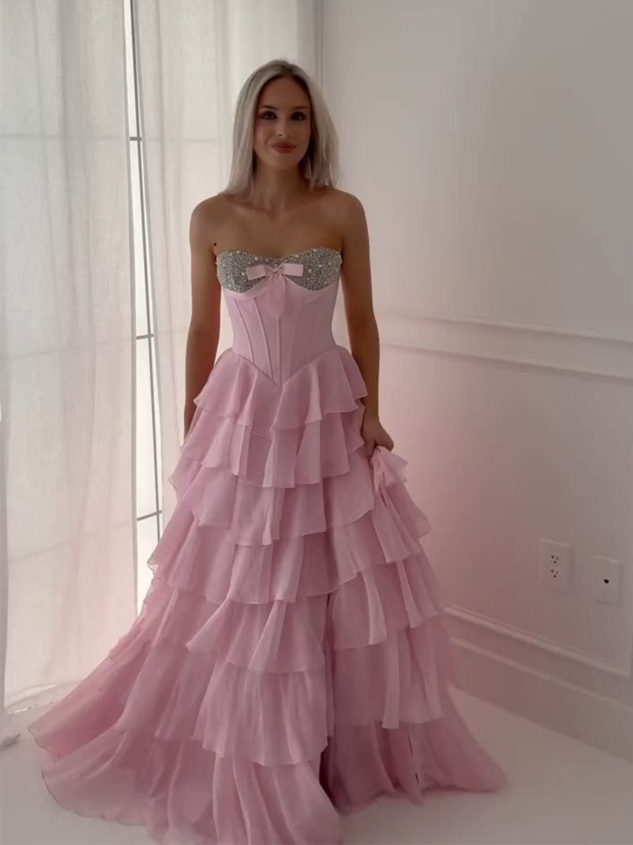 A Line Sweetheart Tiered Chiffon Long Prom Dress with Beading