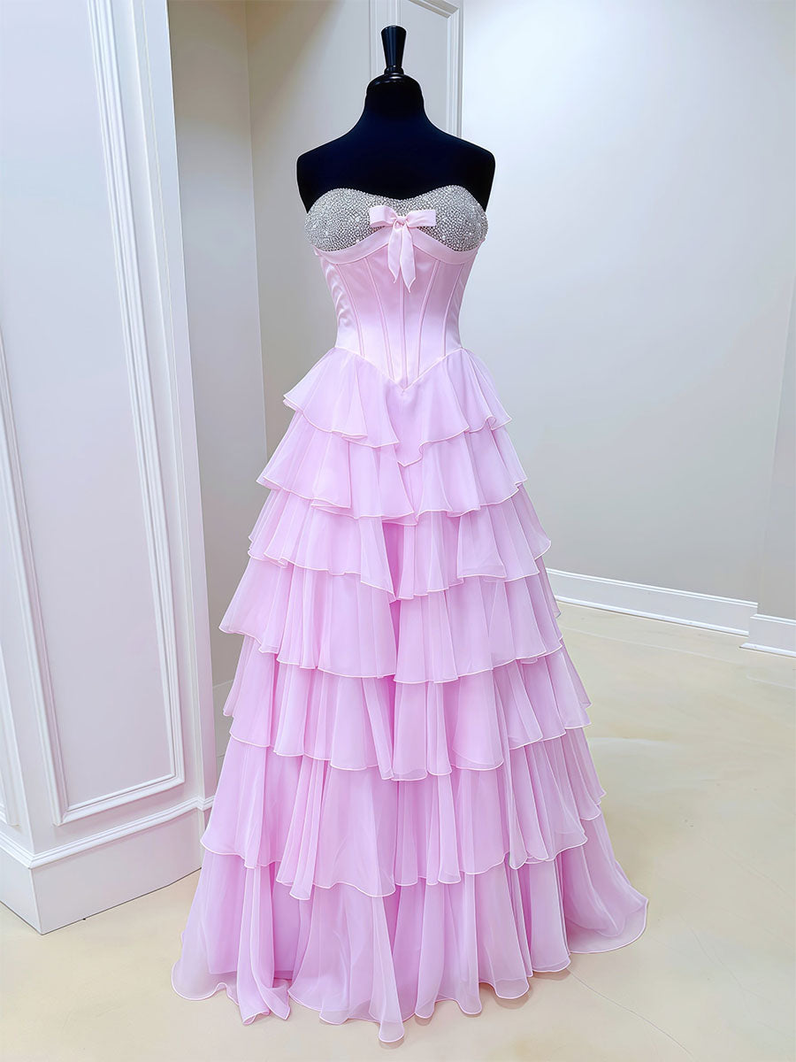 A Line Sweetheart Tiered Chiffon Long Prom Dress with Beading