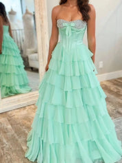 A Line Sweetheart Tiered Chiffon Long Prom Dress with Beading